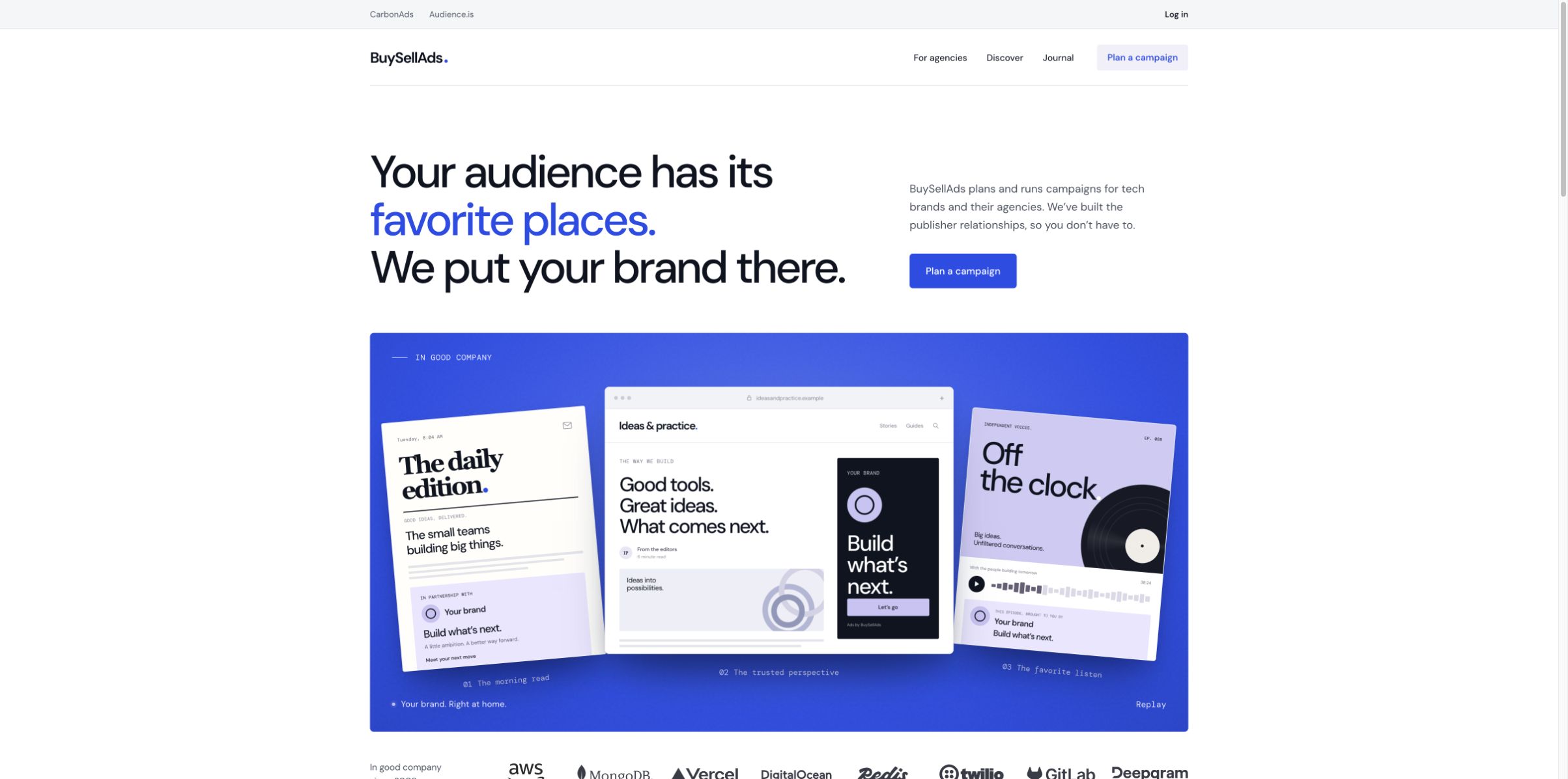BuySellAds homepage: Your audience has its favorite places. We put your brand there.
