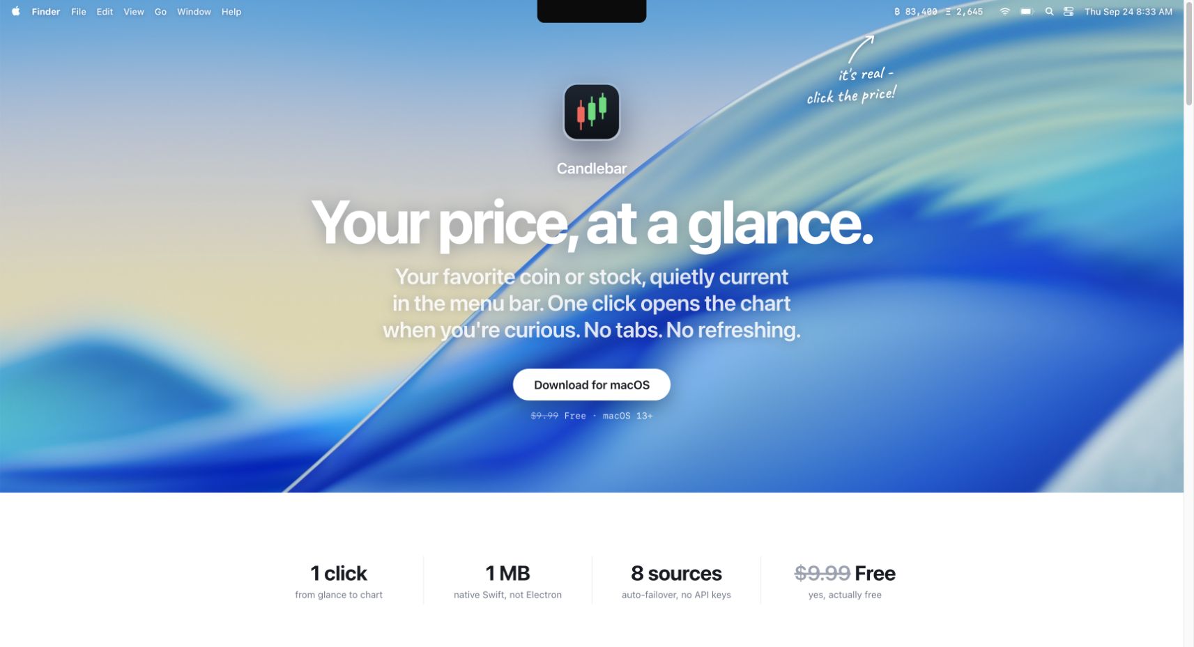 Candlebar homepage showing stock and crypto prices in the Mac menu bar.