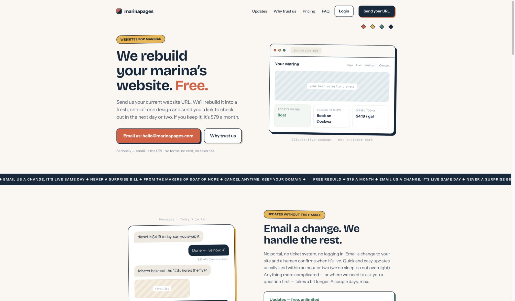 MarinaPages homepage: We rebuild your marina’s website. Free.