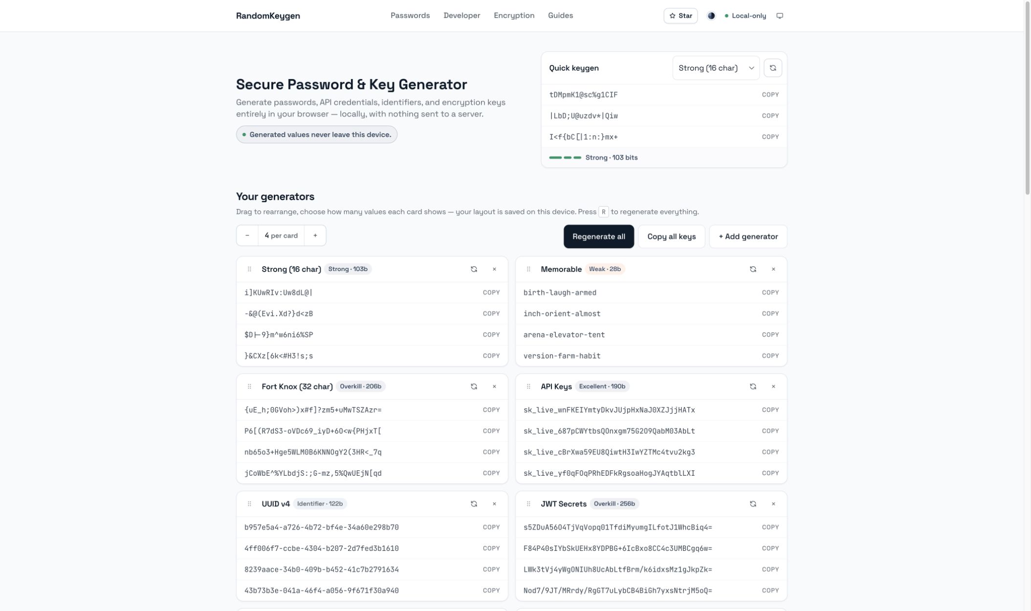RandomKeygen homepage with password and key generators.