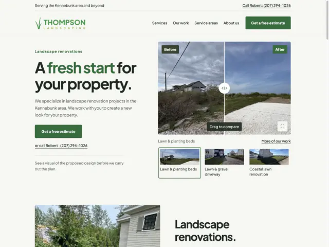 Thompson Landscaping's redesigned homepage with clear service information, project photos, and a free-estimate button.